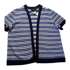 Lane Bryant Open Cardigan Sweater Size 10 /12 Striped Blue White Short Sleeve